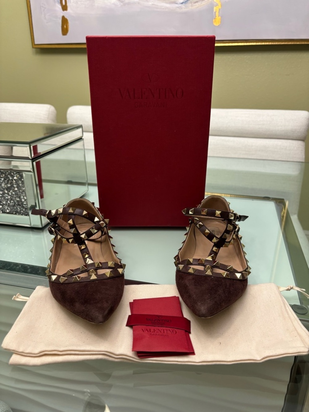 Authentic Valentino Brown Suede Rockstud Caged Pointed-Toe Flats
